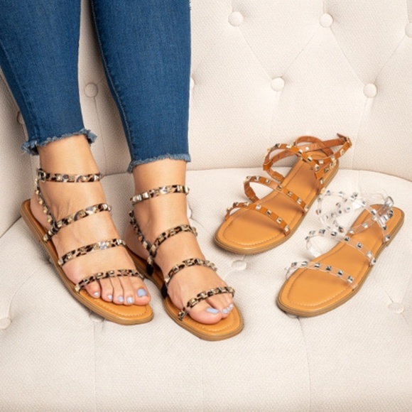 Tan Studded Ankle Wrap Flat Sandals - Picture 2 of 3